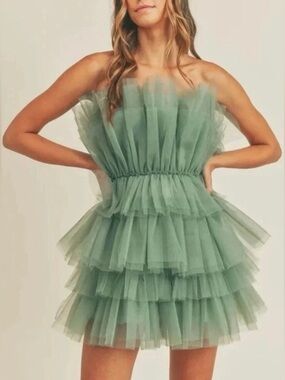 MABLE Aileen Ruffle Tulle Mini Dress Sage Green Size M Romantic Cocktail Party